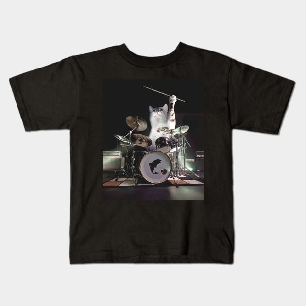Drumming Drummer Cat Kids T-Shirt by Random Galaxy